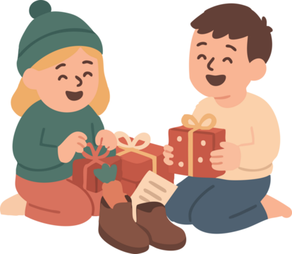 A smiling boy and girl excitedly open Christmas presents beside a pair of holiday boots filled with treats and a note.