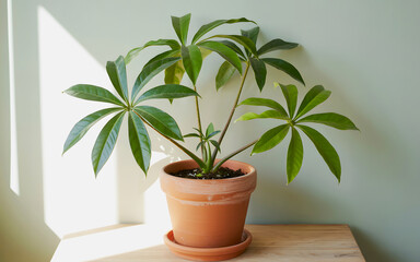 Fototapeta premium Green Indoor Plant In Terracotta Pot Placed On Wooden Table With Sunlight