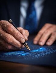 Close-up of weathered hands holding fountain pen, writing on dark document