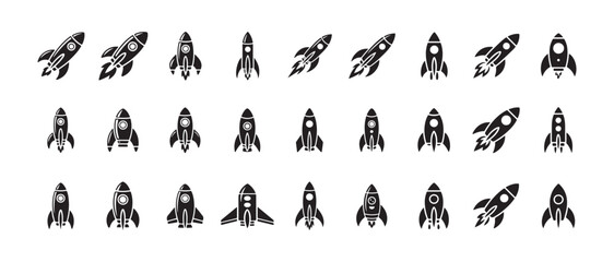 Set of 30 rocket icons in flight and ascending, simple black and white illustrations on white background
