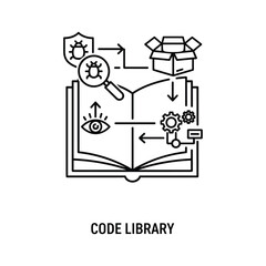 Line icon for code library concept showing bug finding and process