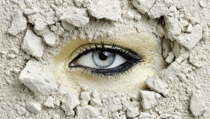 Woman Eye Peeking Through Cracked Dry Wall.