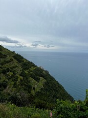 High-Angle View of Steep, Terraced Vineyards and Green Vegetation Sloping Down to the Blue Ligurian Sea Coastline in Cinque Terre, Italy, under a Cloudy Sky