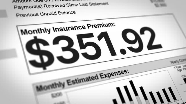A close-up of a bill showing a sharply increasing monthly insurance premium. Concept to illustrate rising costs for health, auto, or home insurance. 14951  	