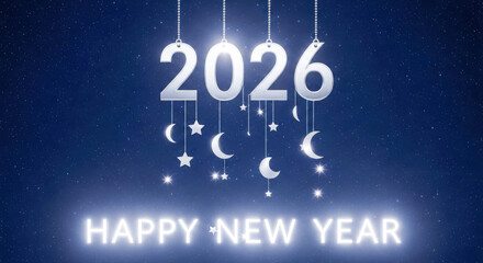 Happy new year 2026 with shining numbers, glowing text, sparkling stars, and crescent moons isolated on white background, Vector
