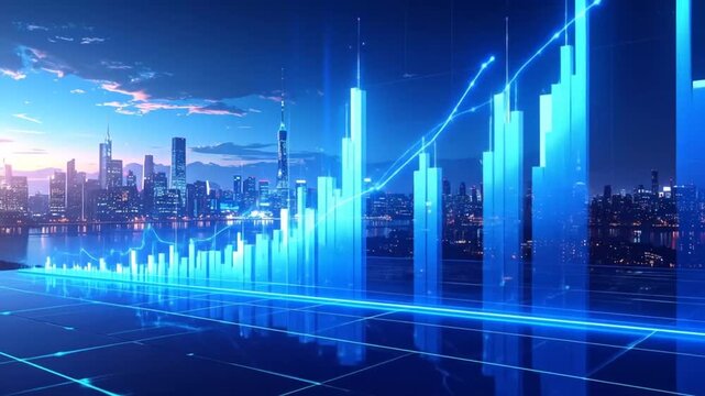 Financial Growth Chart Over Cityscape at Night