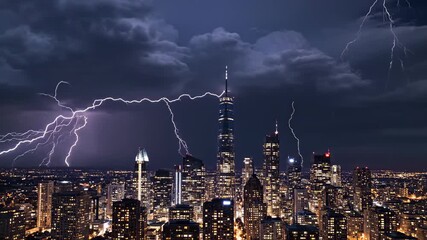 Dynamic city skyline illuminated against stormy night sky with dramatic lightning strike, symbolizing power and resilience in urban landscapes