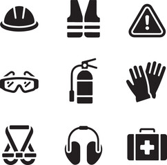 Fototapeta premium Nine safety and protection equipment icons in black and white hard hat helmet
