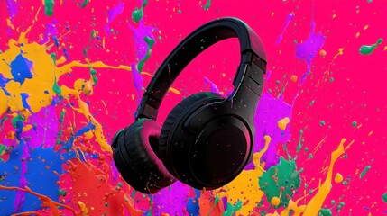 Colorful paint splashes surround sleek black headphones creating a lively atmosphere. This scene captures the energy and creativity associated with music and art perfect for a lively event.