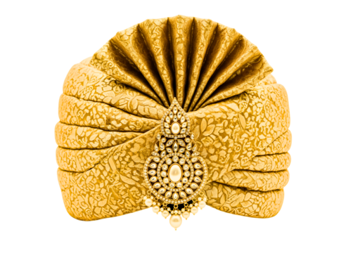 Ornate golden turban with diamond and pearl embellishment isolated on transparent background
