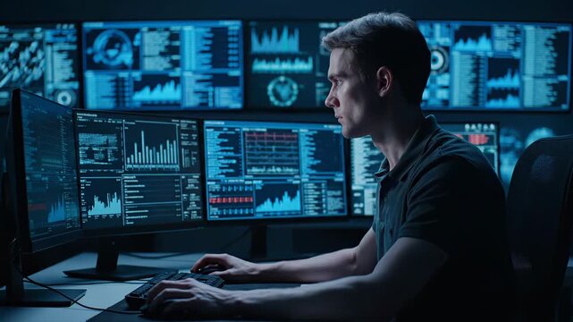 Skilled IT professional concentrating on a computer in a dimly lit workspace. A male developer programming and delving into data while surrounded by several screens