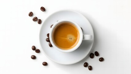 Fototapeta premium Overhead view of espresso in white cup with coffee beans scattered