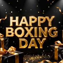 Golden happy boxing day text with festive gifts and falling confetti on a dark background