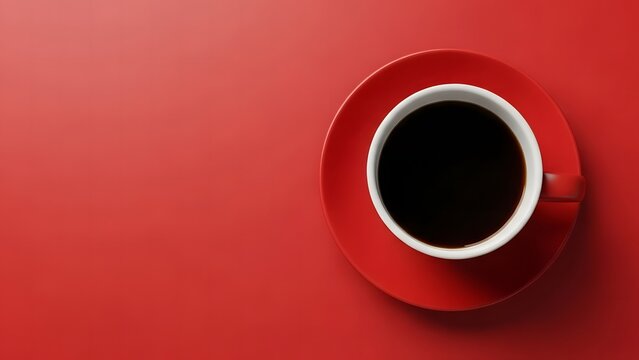 Top view of red coffee cup with dark coffee on a red background