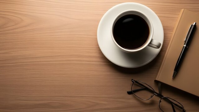 Overhead view of coffee cup notebook pen and glasses on wooden desk
