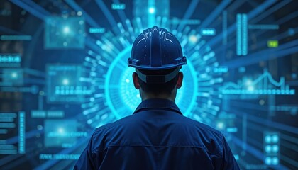Engineer in hard hat looks at glowing digital interface with data streams. Person analyzes complex information on futuristic screen. Tech worker in blue shirt studies complex system.