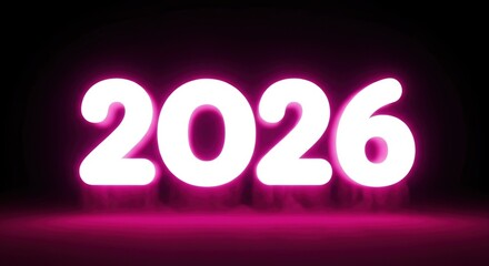 Glowing 2026 year with pink neon light effect on dark background concept