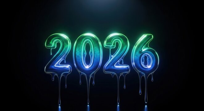 Melting foil balloon numbers forming 2026 with green and blue gradient light - Powered by Adobe