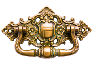 Ornate antique brass drawer pull isolated on transparent background