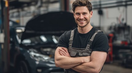 A young mechanic stands confidently in a well equipped workshop arms crossed with a smile. Behind him a car is being worked on illustrating the busy atmosphere.