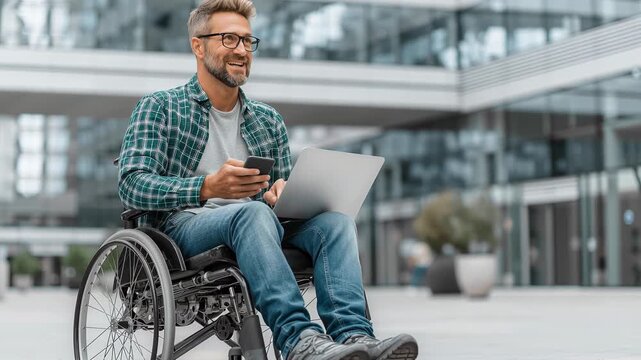 Middle aged disabled businessman in a wheelchair working remotely with a laptop and smartphone in front of a modern office building