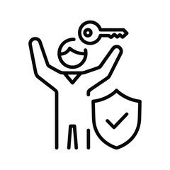 Person icon with raised arms holding a key and a shield, symbolizing security, access, and success