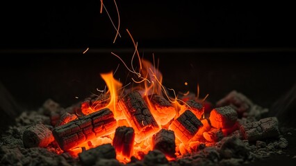 Obraz premium Glowing Red Charcoal Embers with Orange Flames and Sparks Illuminating the Darkness.
