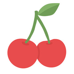 Vibrant Cherry Duo: A refreshing illustration of two ripe cherries, their bright red hue contrasting with the green of their stems and leaf, perfect to represent freshness and simplicity.