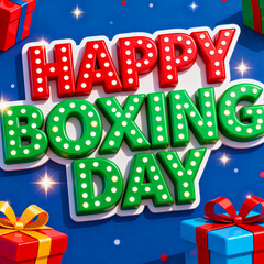 Happy boxing day celebration with festive gifts and bright illuminated text on a blue background