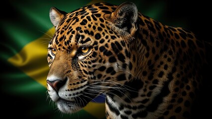 Majestic Jaguar Portrait Overlayed on the Vibrant Green and Yellow Brazilian Flag, Evoking National Pride.