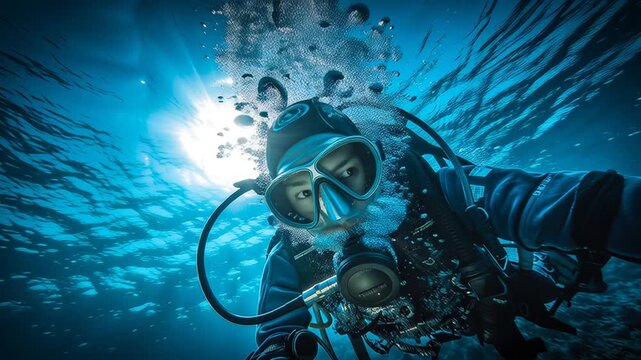Young female diver capturing a video selfie while gliding through the vibrant blue depths of the ocean. Embracing the thrill of underwater exploration and the excitement of extreme sports