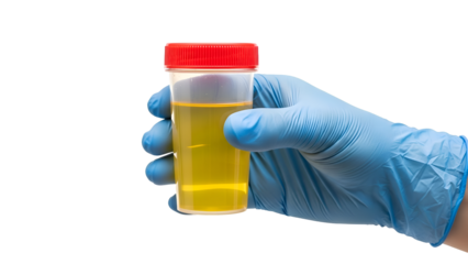 Gloved hand holding urine sample for medical diagnostic test