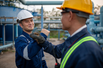 Fototapeta premium Two industrial engineers are standing wrist-to-wrist at a water plant site.