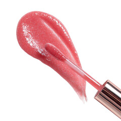 Glossy pink lip product with a smooth applicator showing texture in detail