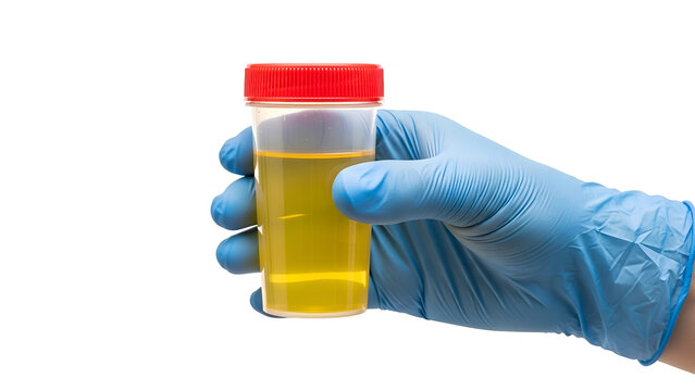 Gloved hand holding urine sample for medical diagnostic test
