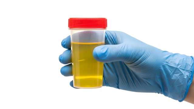 Gloved hand holding urine sample for medical diagnostic test