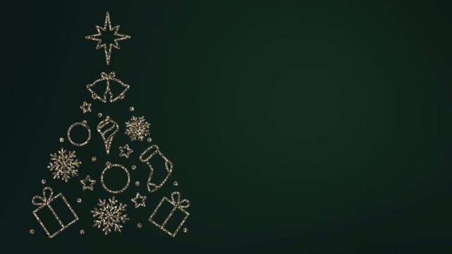 A golden shimmering Christmas tree made of Christmas toys on a green and transparent background. Animation of a Christmas tree with an alpha channel.