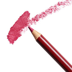 Red lip pencil creates a smooth line over soft pink powder on a clean white background during a makeup session