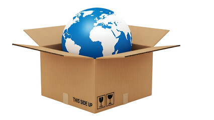 Global shipping concept with earth globe in open cardboard box