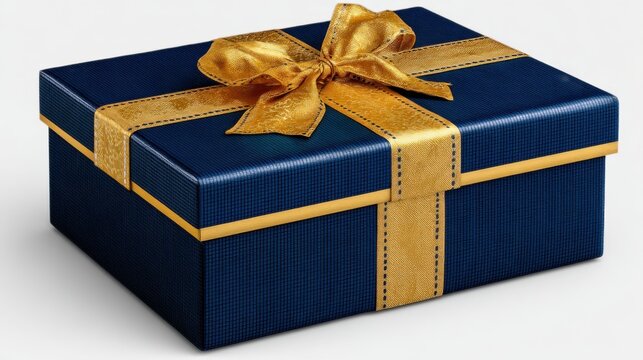A neatly wrapped gift box displaying a rich navy blue color and a shiny golden ribbon. This box is ideal for birthdays anniversaries or holiday celebrations.