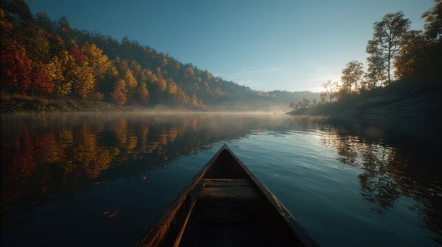 A tranquil lake reflects the colorful autumn trees as a canoe floats quietly. Early morning mist blankets the water and soft sunlight breaks through.