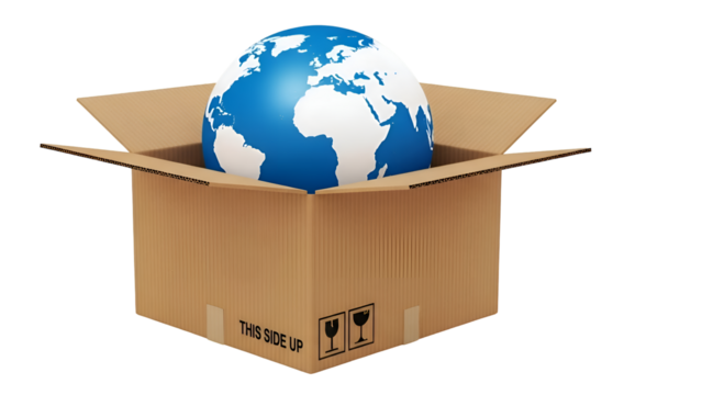 Global shipping concept with earth globe in open cardboard box - Powered by Adobe