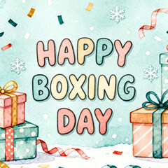 Happy boxing day greeting with colorful gift boxes and festive confetti on a light blue background