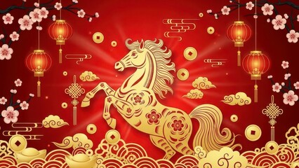 Chinese new year golden horse with lanterns and plum blossoms theme