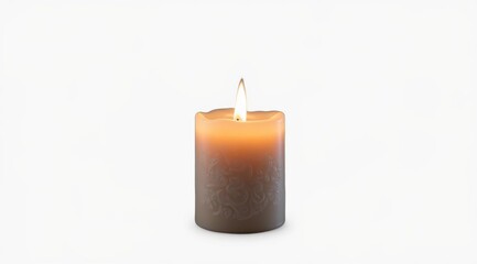 A burning candle on a white background. Wax cylinder with embossed pattern and soft glow. Themes: comfort, meditation, romance, memory.