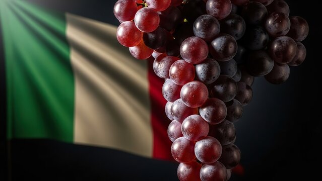 A vibrant bunch of red grapes with droplets, against the backdrop of the Italian flag, signifying Italian agriculture. - Powered by Adobe