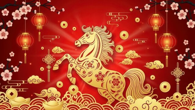 Chinese new year golden horse with lanterns and plum blossoms theme
