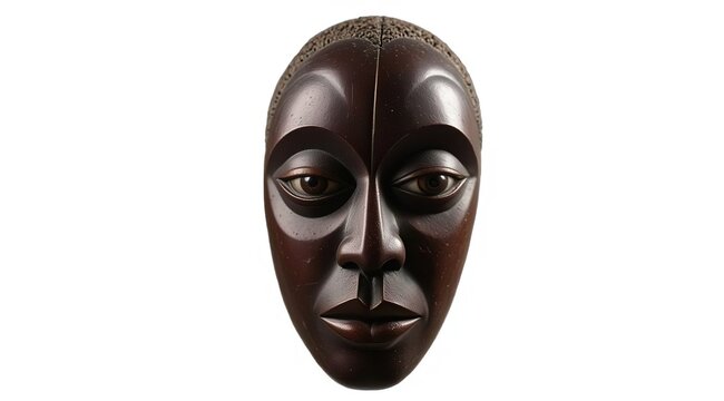 Wooden mask of an African tribe, isolated on a white background. A traditional ethnic handmade piece with detailed carvings, ideal for cultural and historical projects.