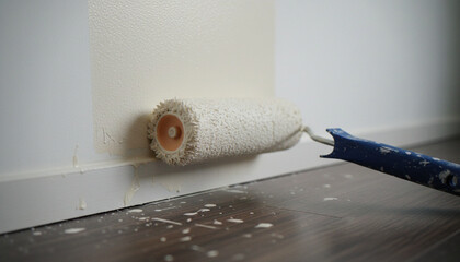 Detail shot of a painter's roller applying a smooth, clean layer of light paint to an interior wall during a home renovation or decorating task