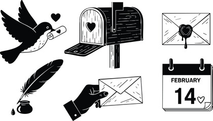 Monochrome vector art with dove carrying love letter mailbox envelope with wax seal ink quill calendar page marking february fourteen romantic valentines day theme